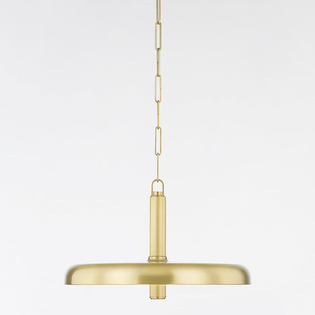 Side-on view of the Clérachic Alabaster Pendant Light, its brass dome shown from above the rim as it would read from across a room.
