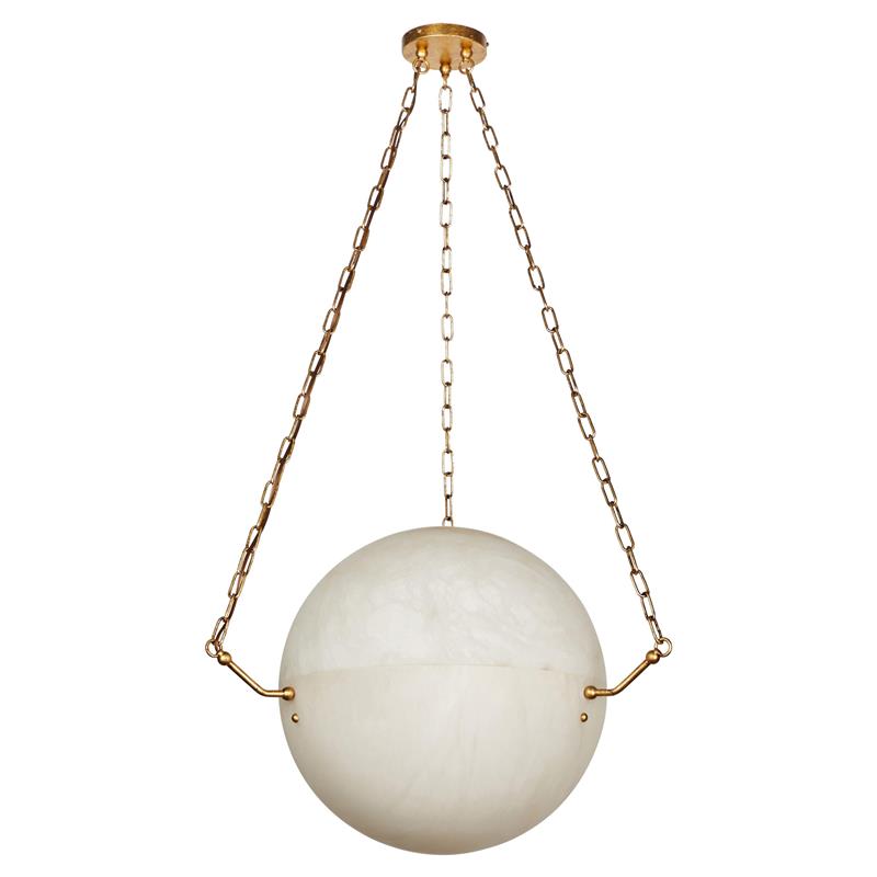 Clérachic alabaster globe pendant on three slim brass chains, brass canopy above, shown unlit against white.