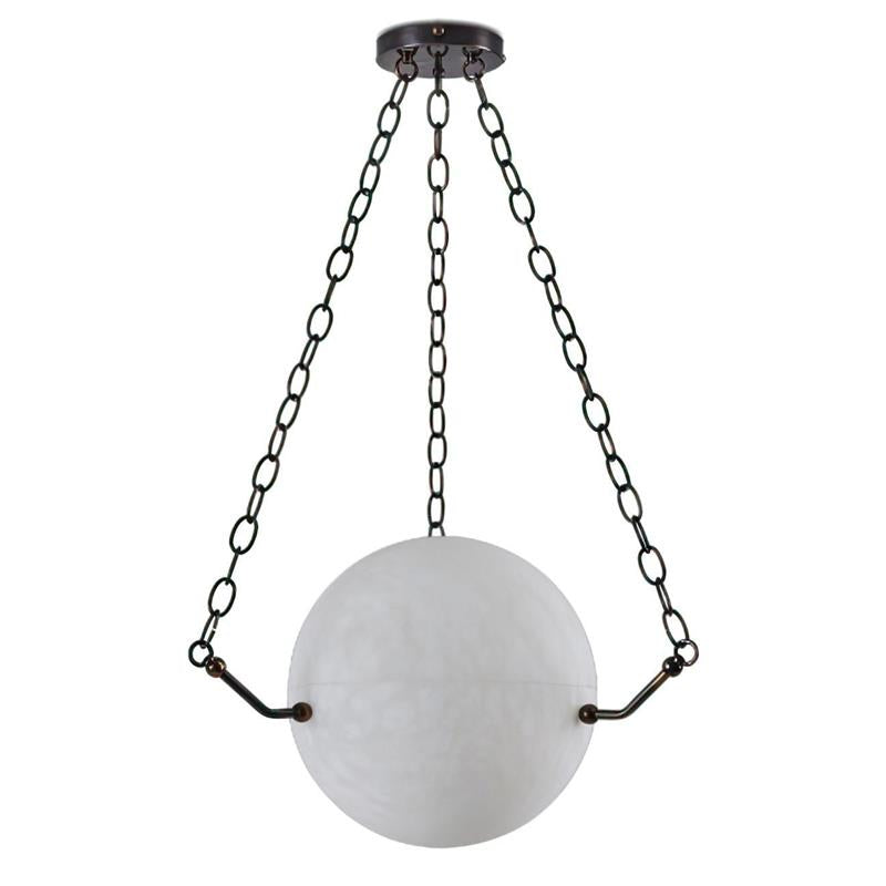 Clérachic alabaster globe in the black finish, dark bronze chains and canopy cooling the stone to soft grey-white.