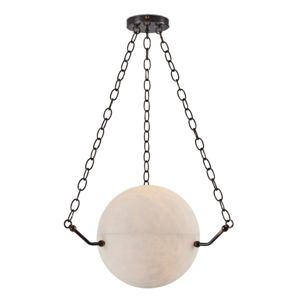 Clérachic pendant in the black finish seen at full length, bronze chains tapering to a pale alabaster sphere.