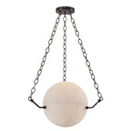 Clérachic pendant in the black finish seen at full length, bronze chains tapering to a pale alabaster sphere.
