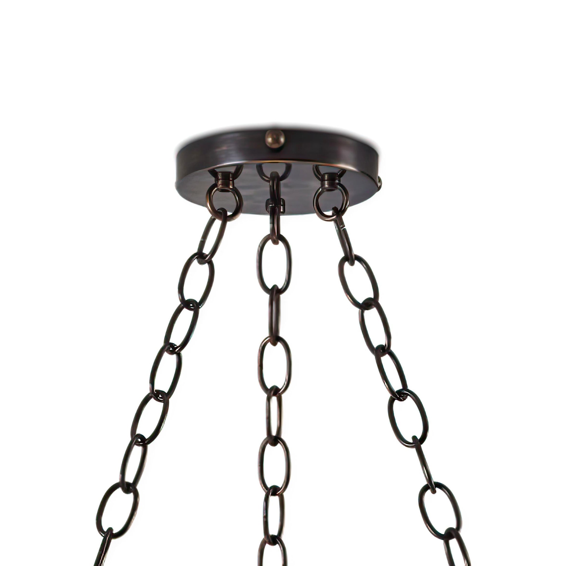 Clérachic ceiling canopy in dark bronze, three chains dropping from its loops, photographed from below.