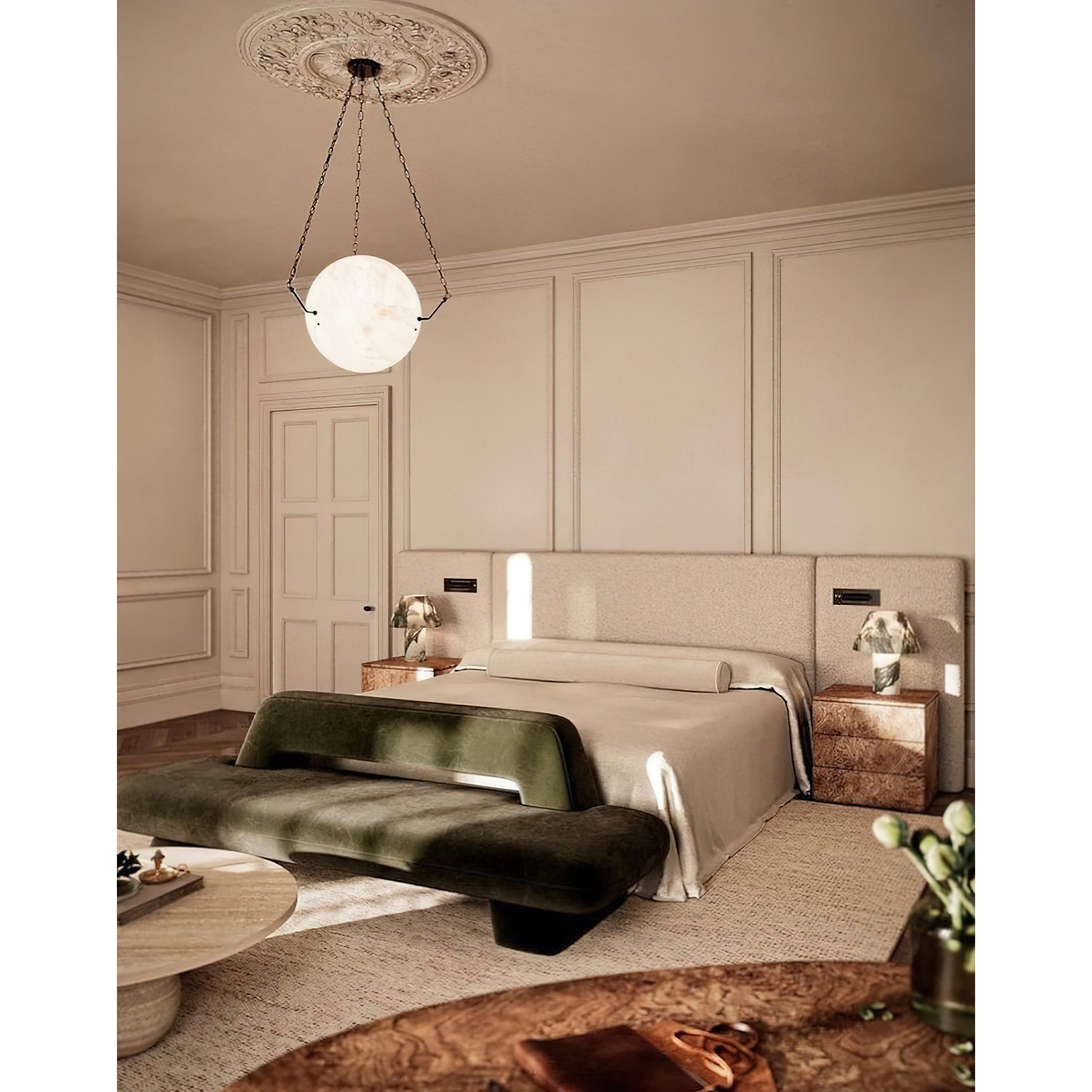 The Clérachic pendant seen from across the panelled bedroom, small and warm above the bed and green bench.