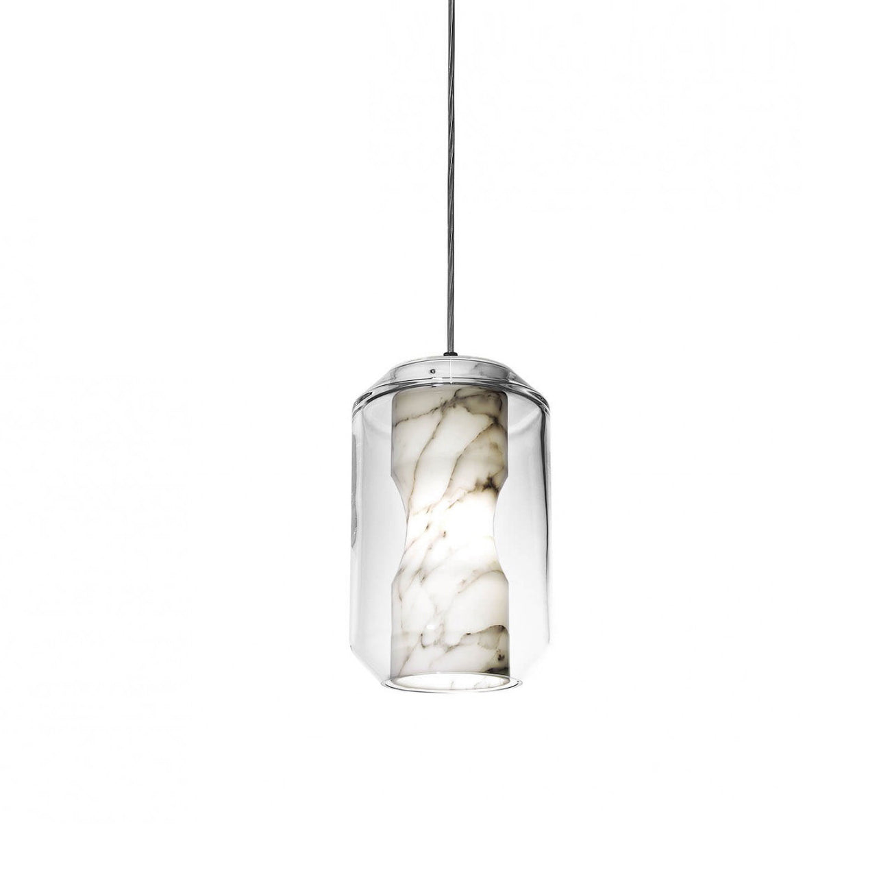 Unlit, the Clérachic Alabaster Pendant Light reads as a pale grey-veined stone column suspended inside clear faceted glass on its cable.