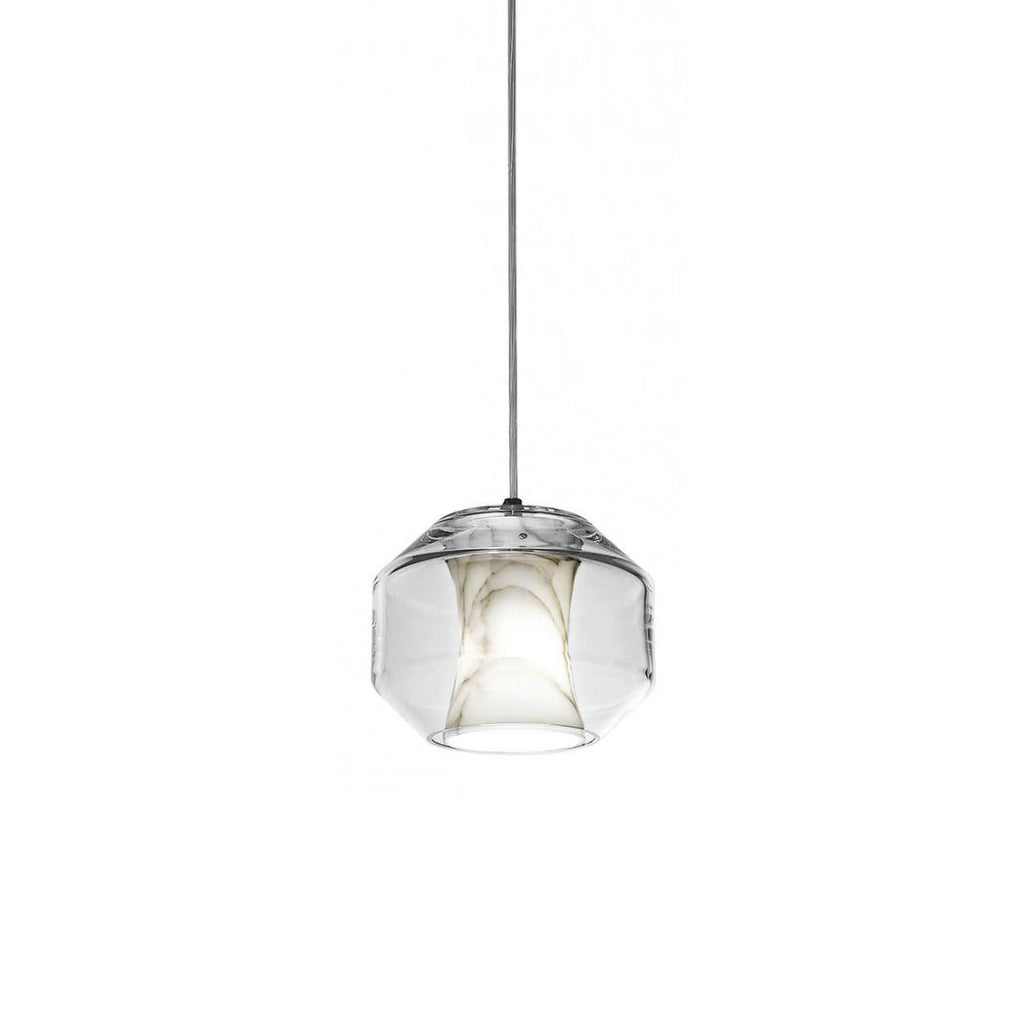 The wide barrel Clérachic Alabaster Pendant Light unlit on its cable, showing the eight-sided cut of the clear glass shell.