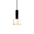 Studio view of the Clérachic Alabaster Pendant Light, slim black cylinder stem meeting the square stone shade lit from within.