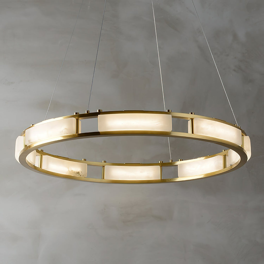 Wide Clérachic Alabaster Ring Chandelier angled to show every lit panel seated between the upper and lower brass rails.