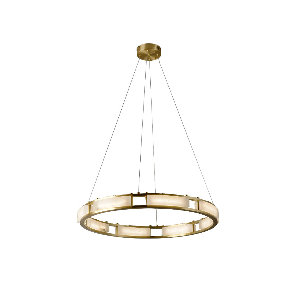The Clérachic Alabaster Ring Chandelier unlit on a white background, showing the brass ceiling canopy and three-cable suspension.