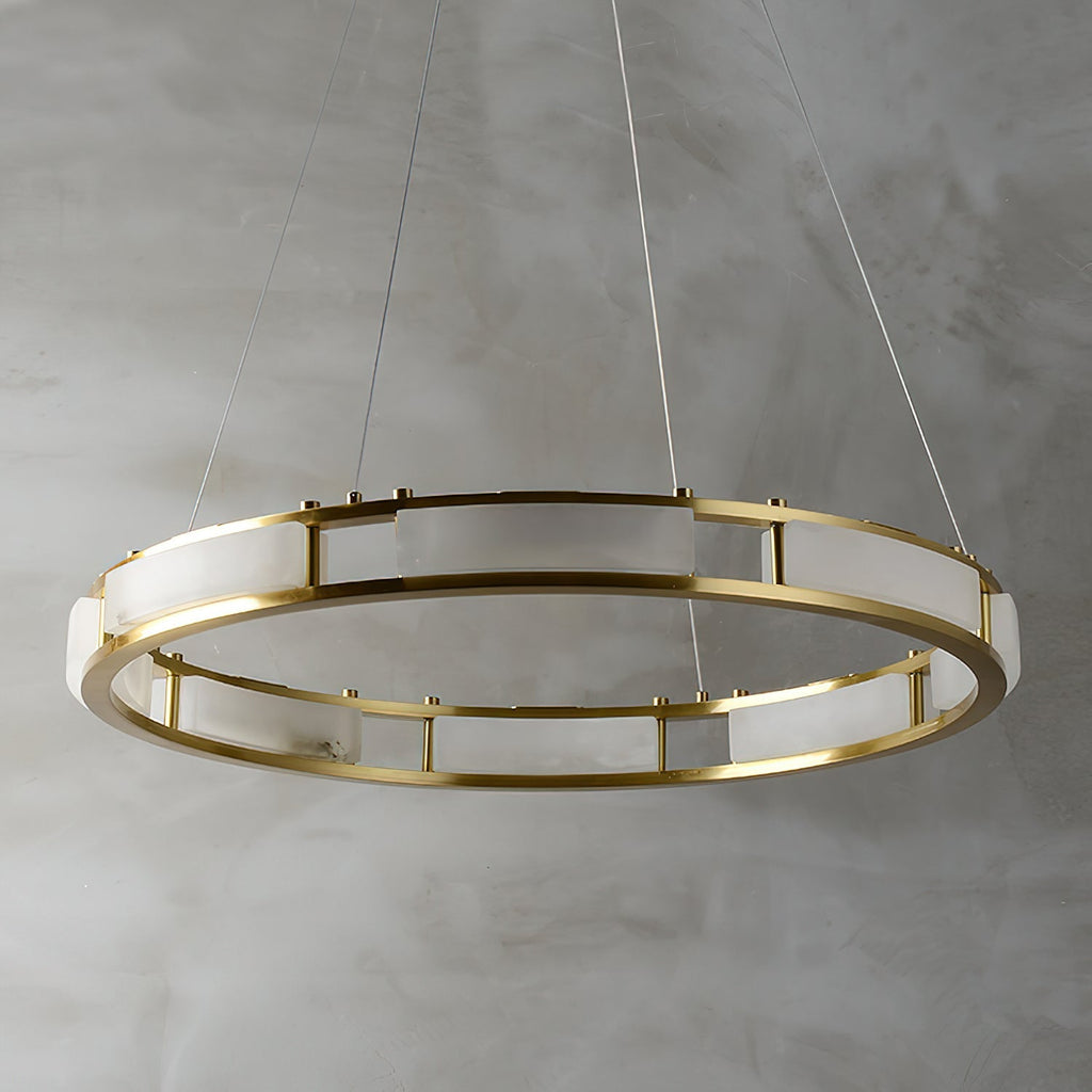 Unlit Clérachic Alabaster Ring Chandelier viewed from above, brass posts spacing the pale alabaster panels around the ring.