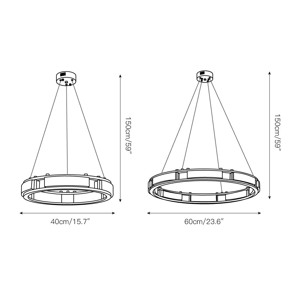 Dimension drawing for the Clérachic Alabaster Ring Chandelier, 40 cm / 15.7 in and 60 cm / 23.6 in wide, both at a 150 cm / 59 in drop.