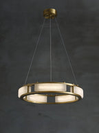Clérachic Alabaster Ring Chandelier lit against a dark charcoal wall, canopy and three cables showing the full hanging drop.