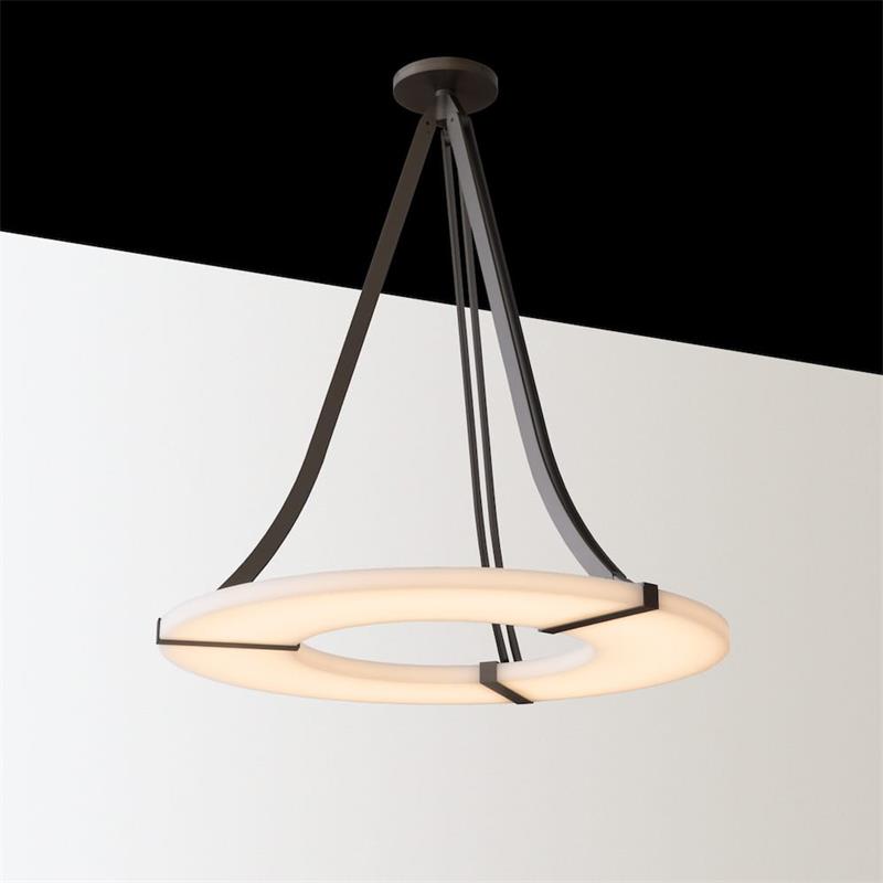 The Clérachic Alabaster Ring Chandelier seen at an angle, its glowing band broken into arcs by three dark bronze straps.