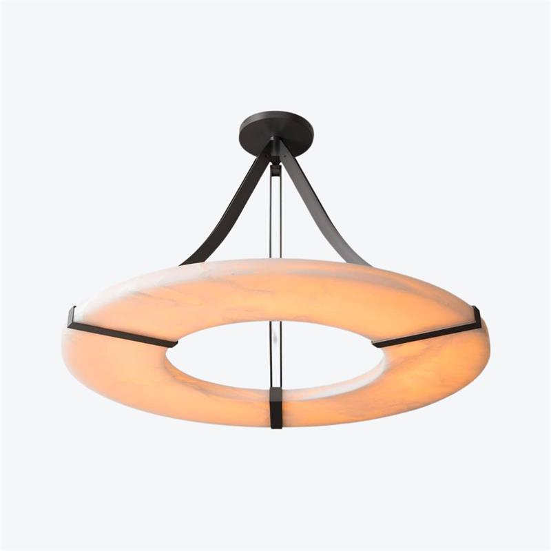 Clérachic Alabaster Ring Chandelier photographed against soft grey, the lit stone showing its natural cloudy veining.