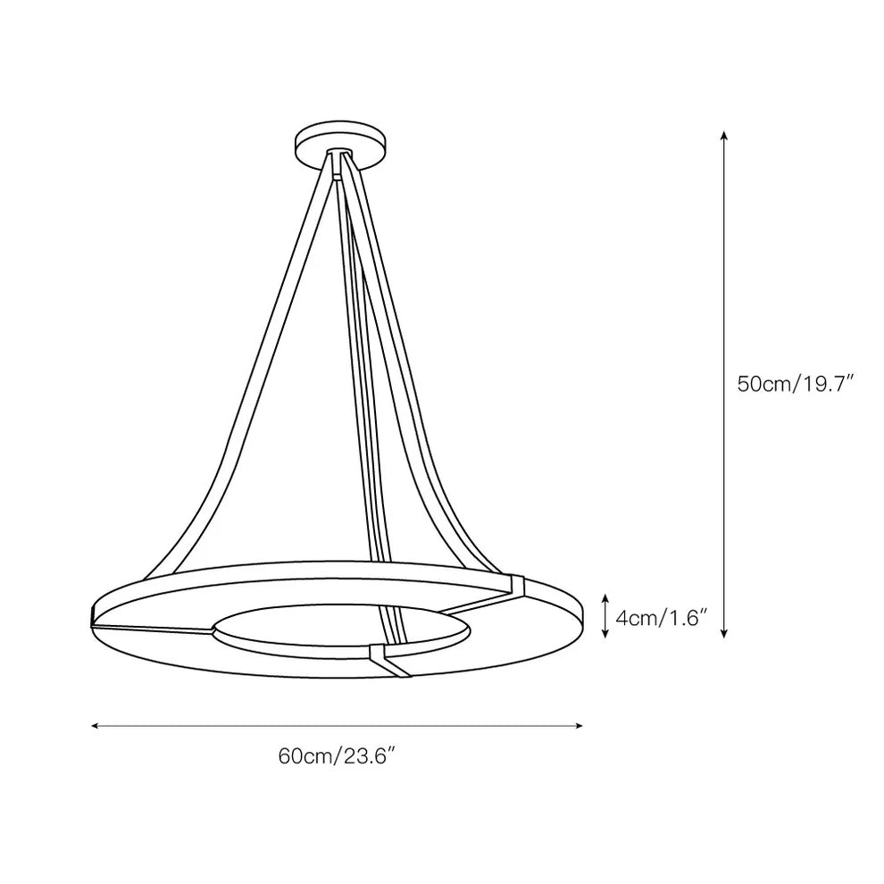 Dimension drawing for the Clérachic Alabaster Ring Chandelier: 60 cm (23.6″) diameter, 50 cm (19.7″) overall height, 4 cm (1.6″) ring depth.
