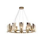 The wide single-ring Clérachic Alabaster Ring Chandelier shown in full, from round ceiling canopy down the slim suspension cables.