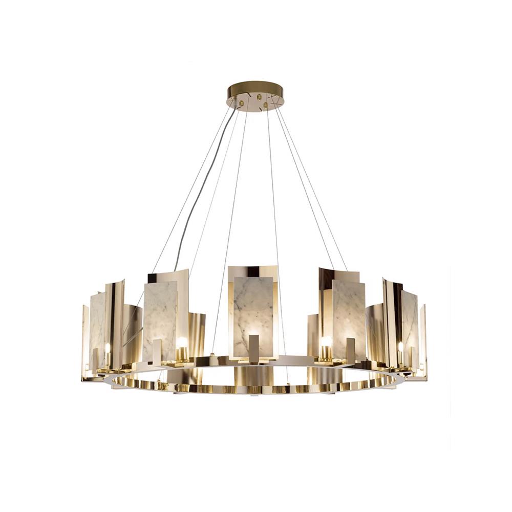 The wide single-ring Clérachic Alabaster Ring Chandelier shown in full, from round ceiling canopy down the slim suspension cables.