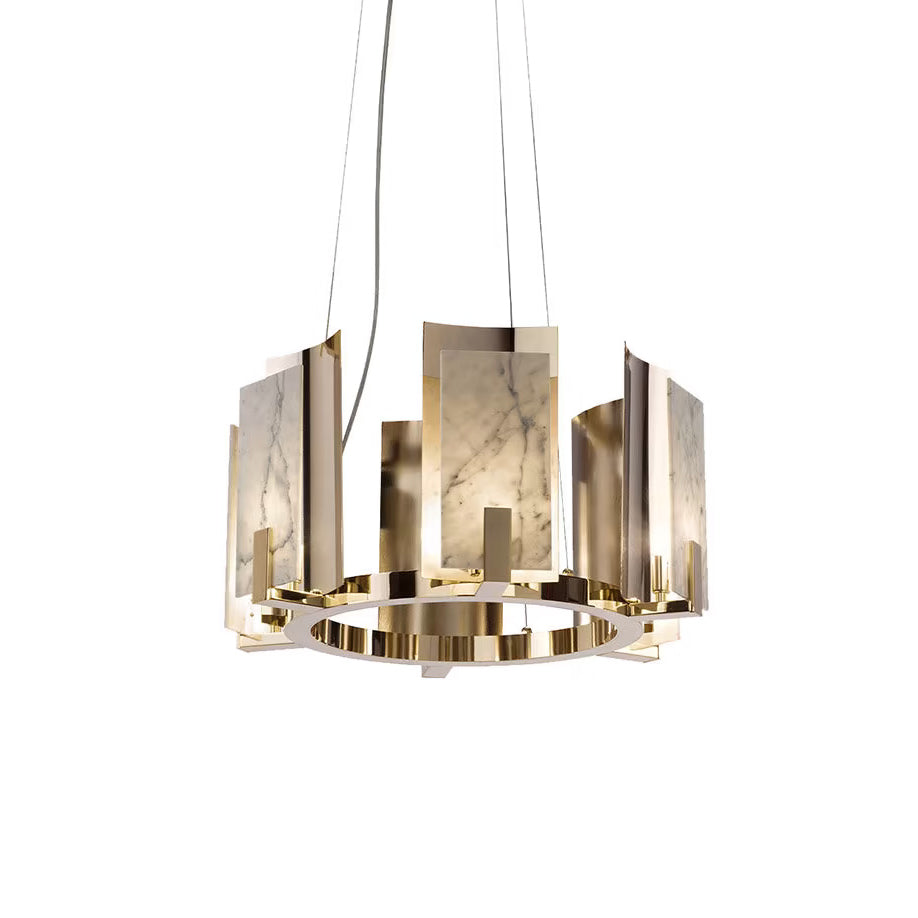 Unlit three-quarter view of the Clérachic Alabaster Ring Chandelier, where the warm metal ring already carries the room.