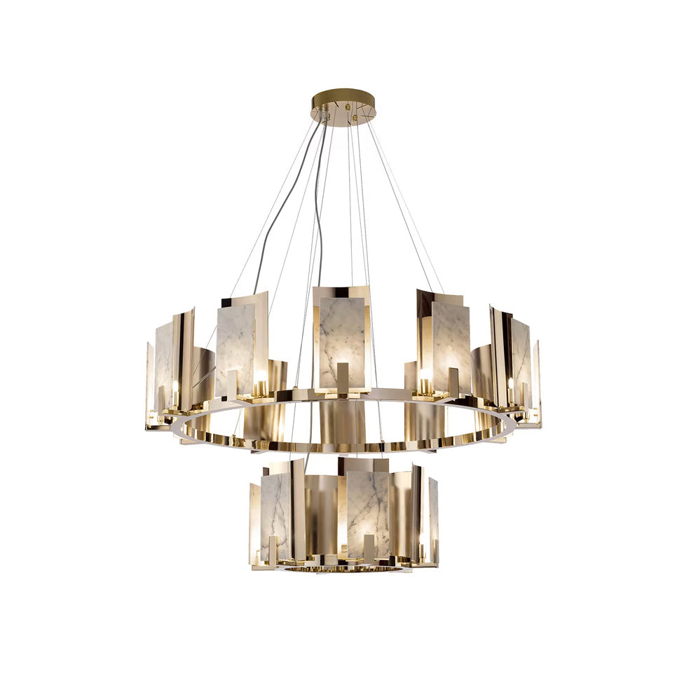 Two-tier configuration of the Clérachic Alabaster Ring Chandelier seen straight on, both rings lit and hung from one canopy.