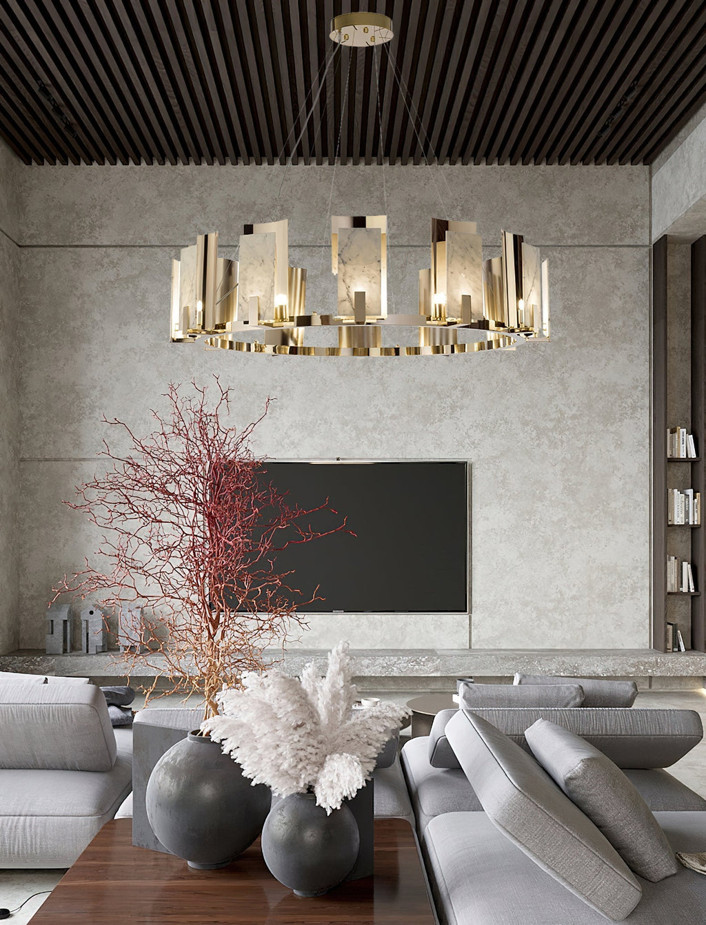 Clérachic Alabaster Ring Chandelier lighting a concrete-walled lounge, hung under a slatted timber ceiling above the seating.