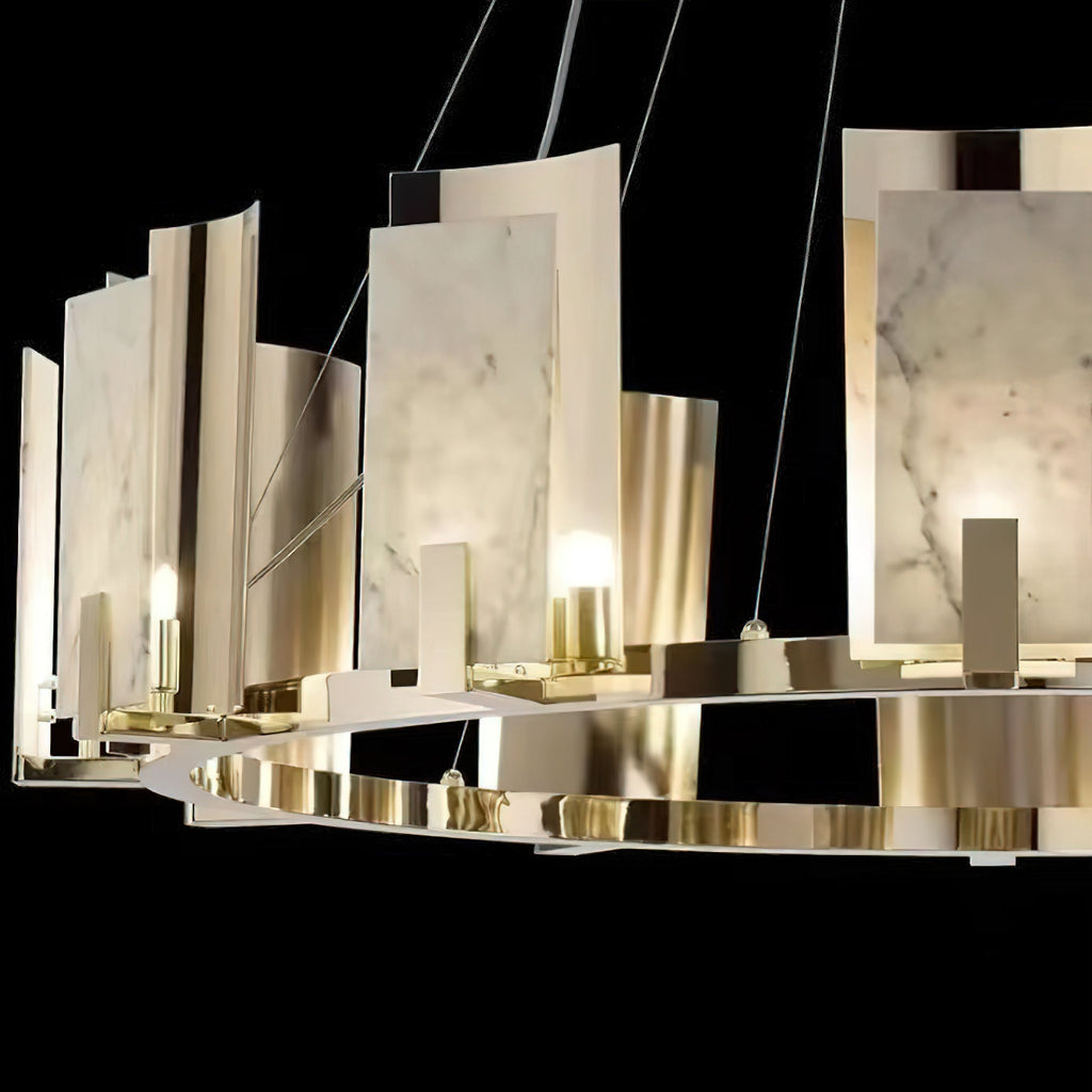 Close-up of the Clérachic Alabaster Ring Chandelier, showing the grey veining in each stone panel and the curved metal shields.