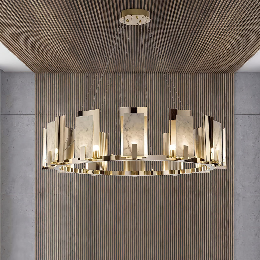 Clérachic Alabaster Ring Chandelier seen from below against a fluted timber ceiling, every stone panel lit from within.
