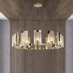 Clérachic Alabaster Ring Chandelier seen from below against a fluted timber ceiling, every stone panel lit from within.