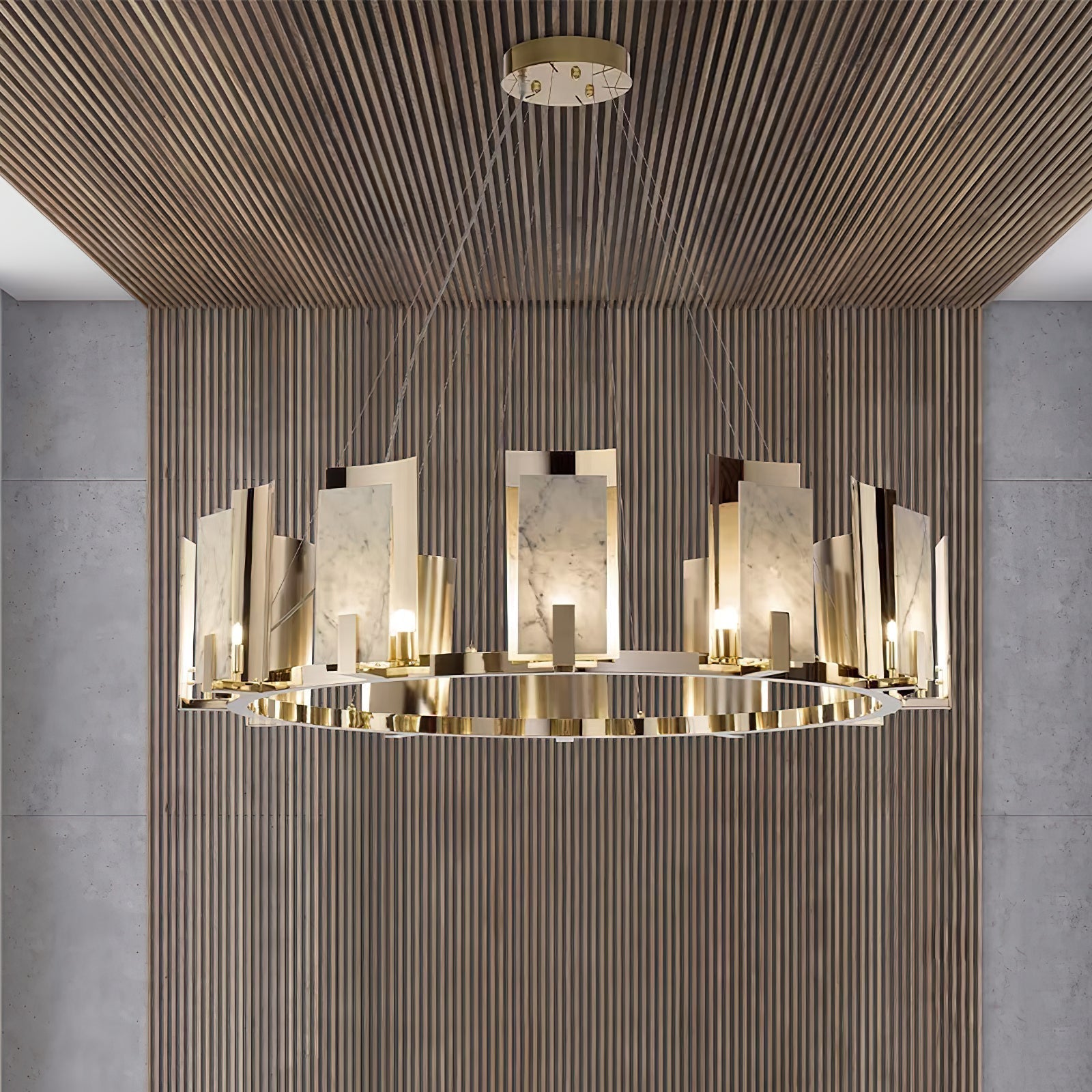 Clérachic Alabaster Ring Chandelier seen from below against a fluted timber ceiling, every stone panel lit from within.
