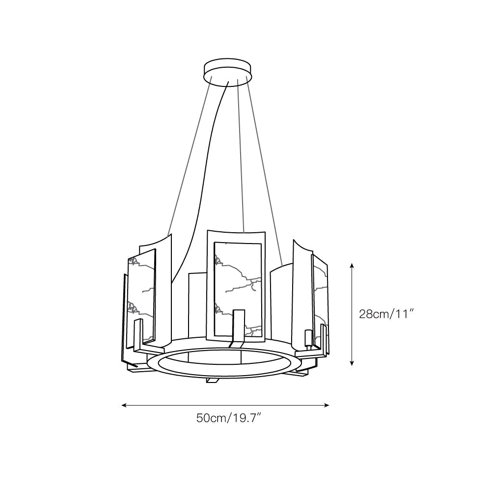 Dimension drawing of the Clérachic Alabaster Ring Chandelier single ring, 50 cm (19.7″) across and 28 cm (11″) high.