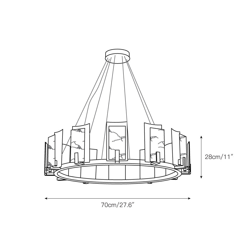 Dimension drawing of the Clérachic Alabaster Ring Chandelier at 70 cm (27.6″) across and 28 cm (11″) high, cables to canopy.
