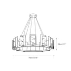 Dimension drawing of the Clérachic Alabaster Ring Chandelier at 70 cm (27.6″) across and 28 cm (11″) high, cables to canopy.