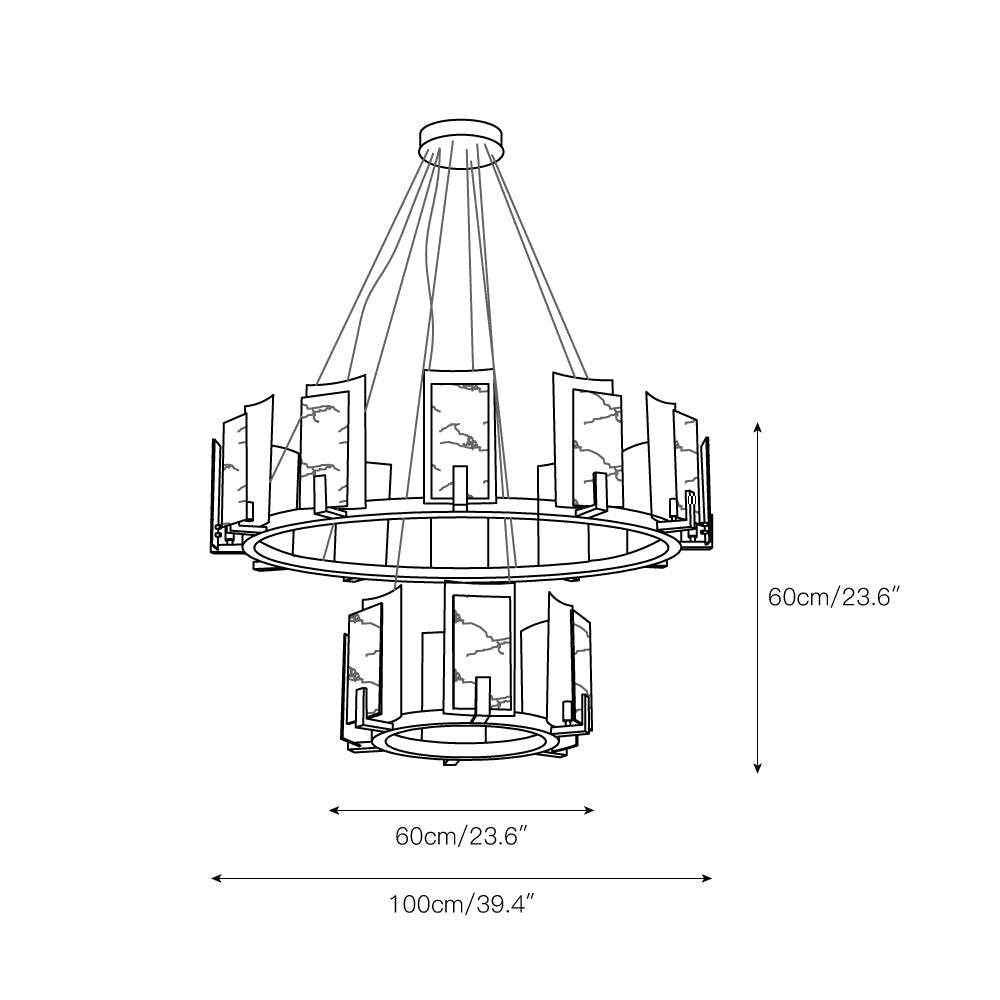 Dimension drawing of the two-tier Clérachic Alabaster Ring Chandelier, 100 cm (39.4″) over 60 cm (23.6″), 60 cm (23.6″) high.