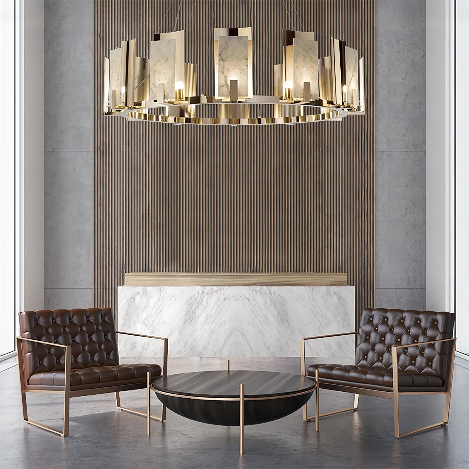 Clérachic Alabaster Ring Chandelier over two buttoned leather armchairs, glowing against a fluted wood and marble wall.