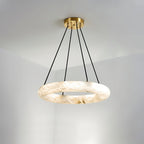 Clérachic Alabaster Ring Chandelier in the smaller span, one unbroken stone ring on four black cords from a brass canopy.