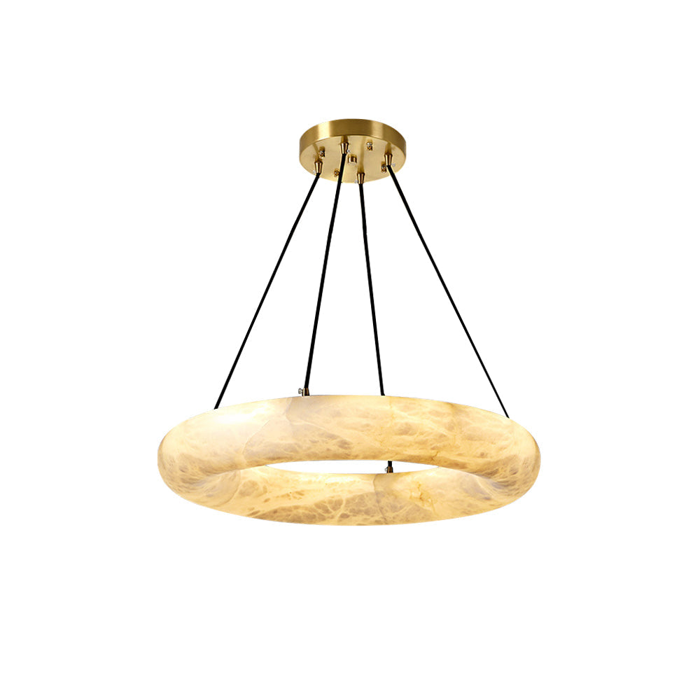 The Clérachic Alabaster Ring Chandelier shown unlit on a white background, honey veining running across the whole stone band.