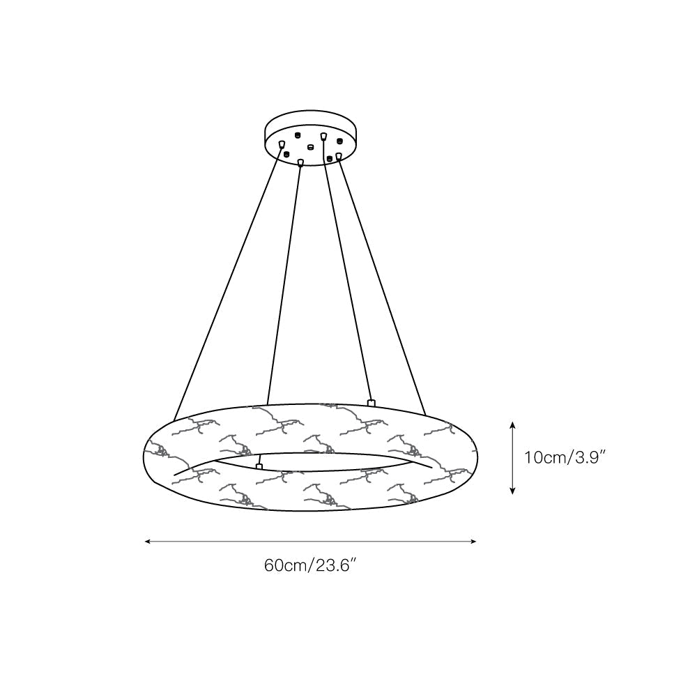 Dimension drawing for the Clérachic Alabaster Ring Chandelier, 60 cm / 23.6 in across with a 10 cm / 3.9 in deep stone band.