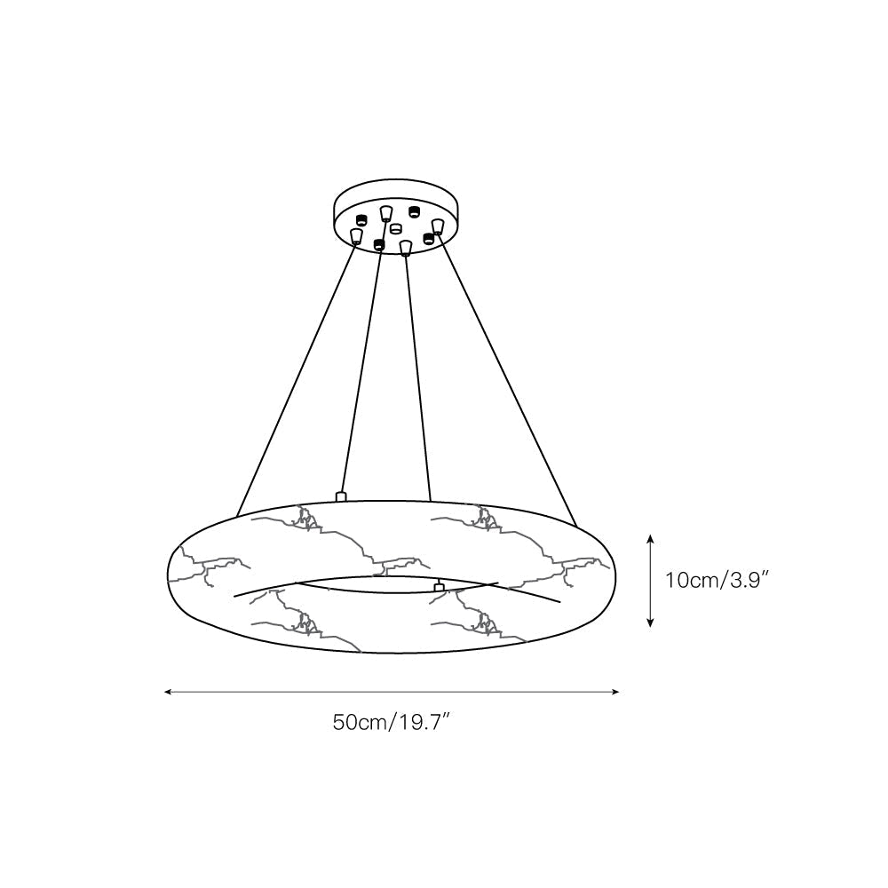 Dimension drawing for the Clérachic Alabaster Ring Chandelier, 50 cm / 19.7 in across with a 10 cm / 3.9 in deep stone band.
