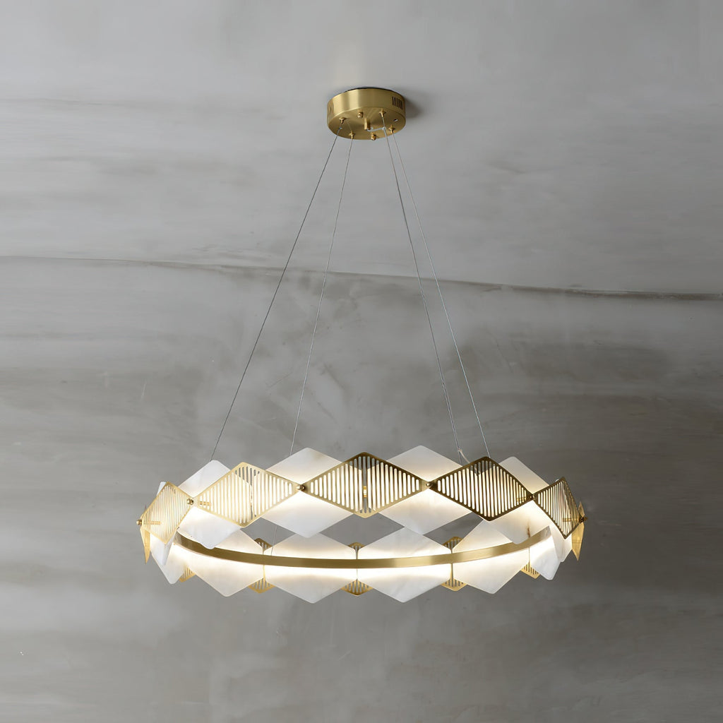 Front view of the Clérachic Alabaster Ring Chandelier, warm light washing through the diamond alabaster panels.