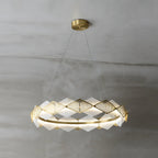 Front view of the Clérachic Alabaster Ring Chandelier, warm light washing through the diamond alabaster panels.