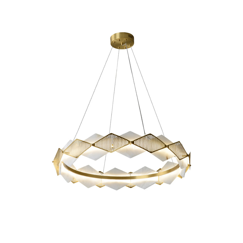 The Clérachic Alabaster Ring Chandelier on a plain white background, showing the brass canopy and four suspension cables.