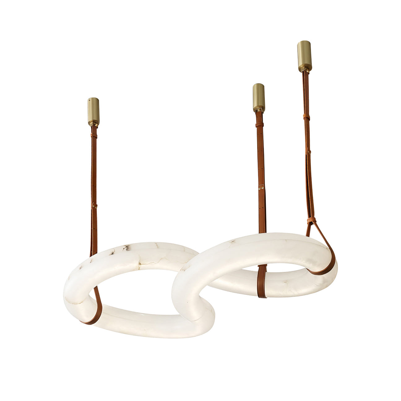 Studio view of the Clérachic Alabaster Ring Chandelier, the pale cream stone rings linked like chain and cradled in tan leather loops.
