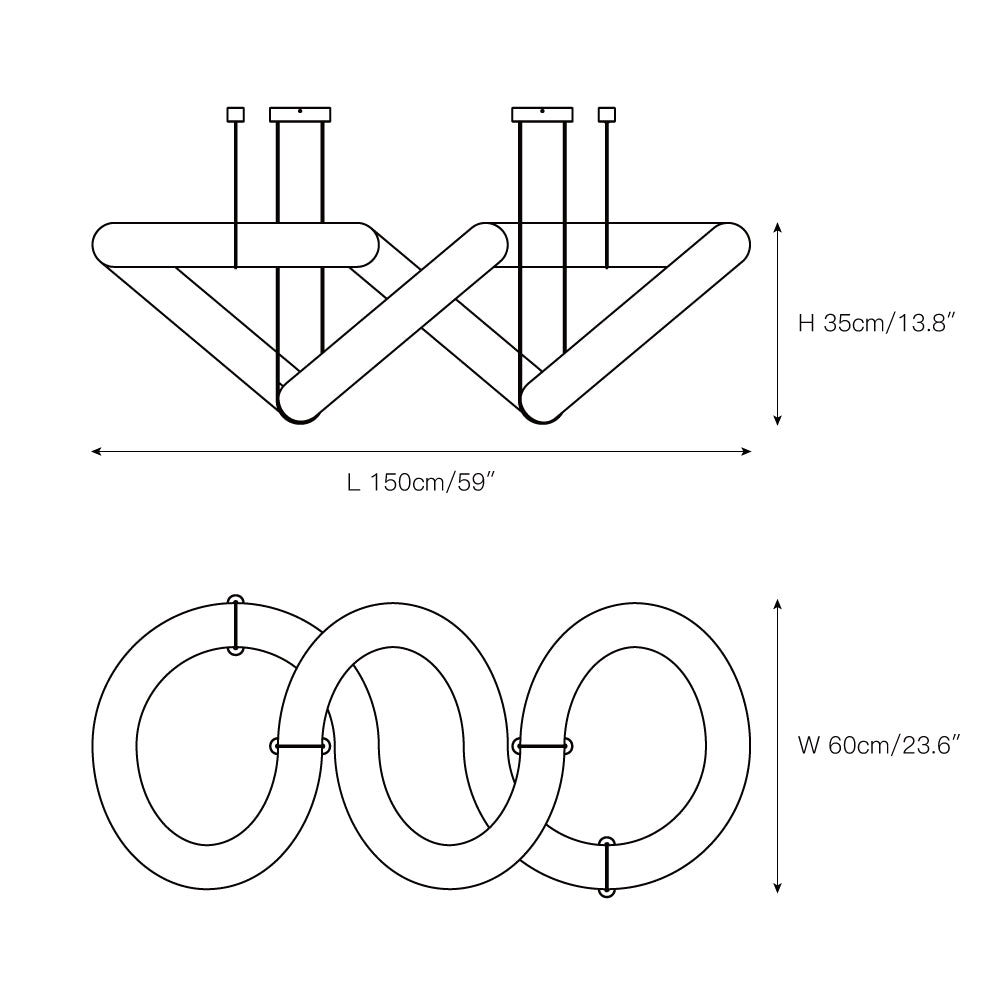Dimension drawing for the Clérachic alabaster ring chandelier, L 150 cm (59″), W 60 cm (23.6″), H 35 cm (13.8″).