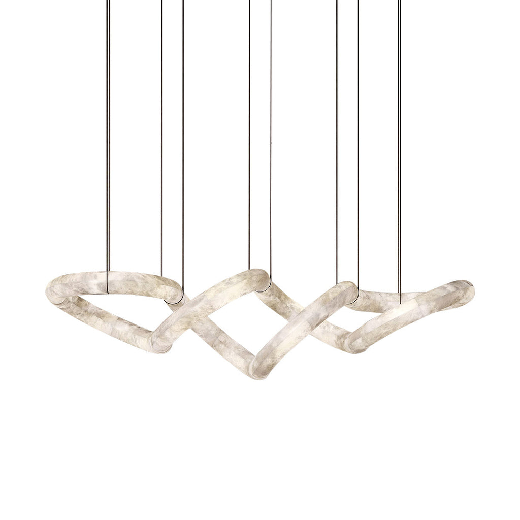 Full run of the Clérachic alabaster ring chandelier on fine suspension cables, showing every linked loop end to end.