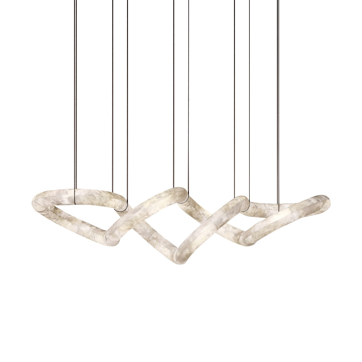 Full run of the Clérachic alabaster ring chandelier on fine suspension cables, showing every linked loop end to end.