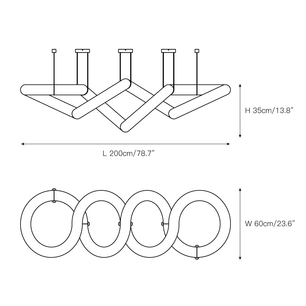 Dimension drawing of the four-loop Clérachic alabaster ring chandelier, L 200 cm (78.7″), W 60 cm (23.6″), H 35 cm (13.8″).