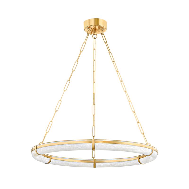 Clérachic Alabaster Ring Chandelier viewed at a slight angle, the brass straps that clamp the alabaster band clearly shown.