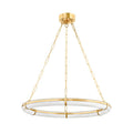 Clérachic Alabaster Ring Chandelier viewed at a slight angle, the brass straps that clamp the alabaster band clearly shown.