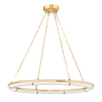 Studio view of the large Clérachic Alabaster Ring Chandelier, its shallow brass hoop banded with pale natural alabaster.