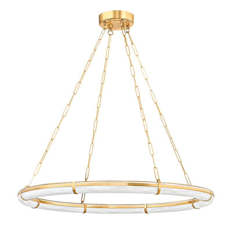 Studio view of the large Clérachic Alabaster Ring Chandelier, its shallow brass hoop banded with pale natural alabaster.
