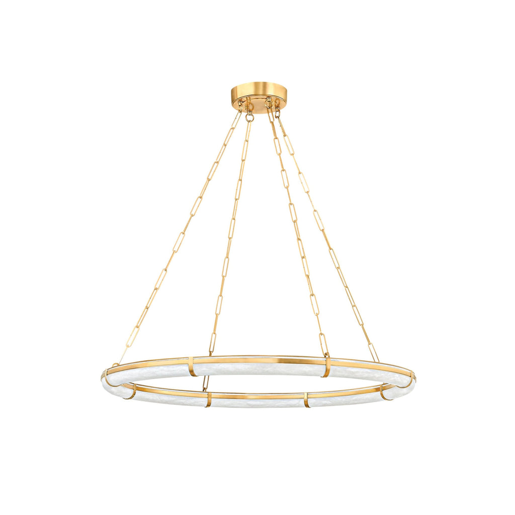 Clérachic Alabaster Ring Chandelier seen from slightly above, brass canopy and five chains opening out to the stone ring.