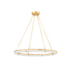 Clérachic Alabaster Ring Chandelier seen from slightly above, brass canopy and five chains opening out to the stone ring.